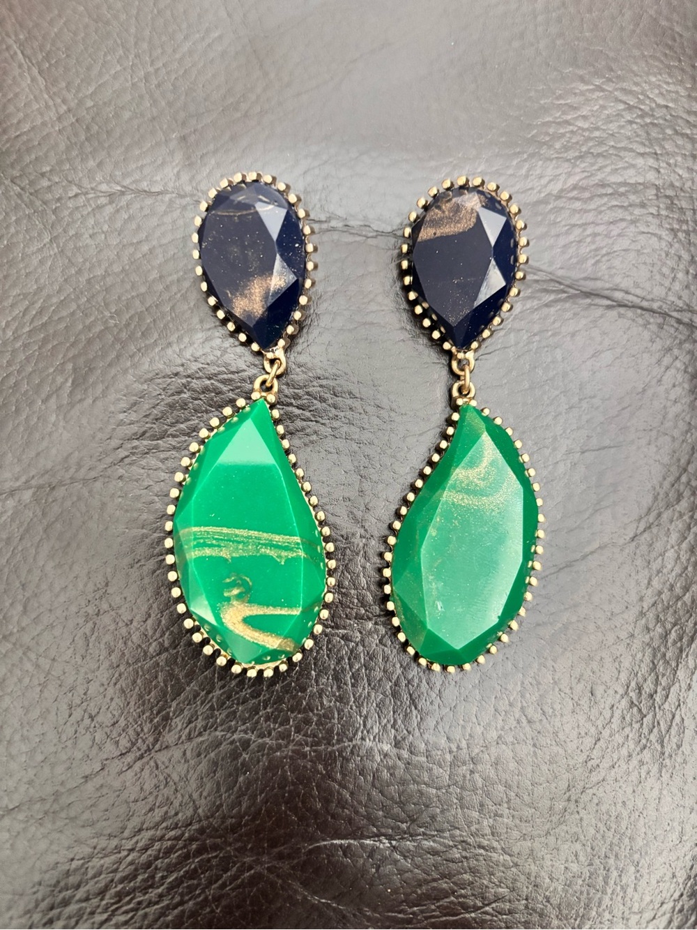 SHEIN Green and Navy Teardrop Dangle Earrings with Gold Accents